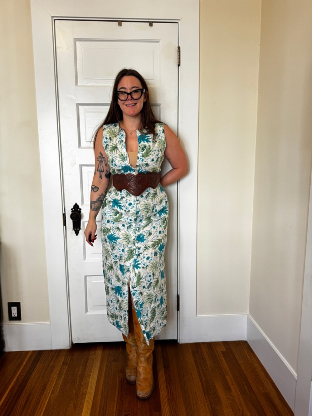 60s Vintage Tropical Print Linen Column Dress Sz S - Picture 2 of 7